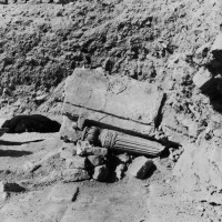 Collapsed brick paneling with column in the courtyard, 1962 ©Italian Archaeological Mission in Afghanistan